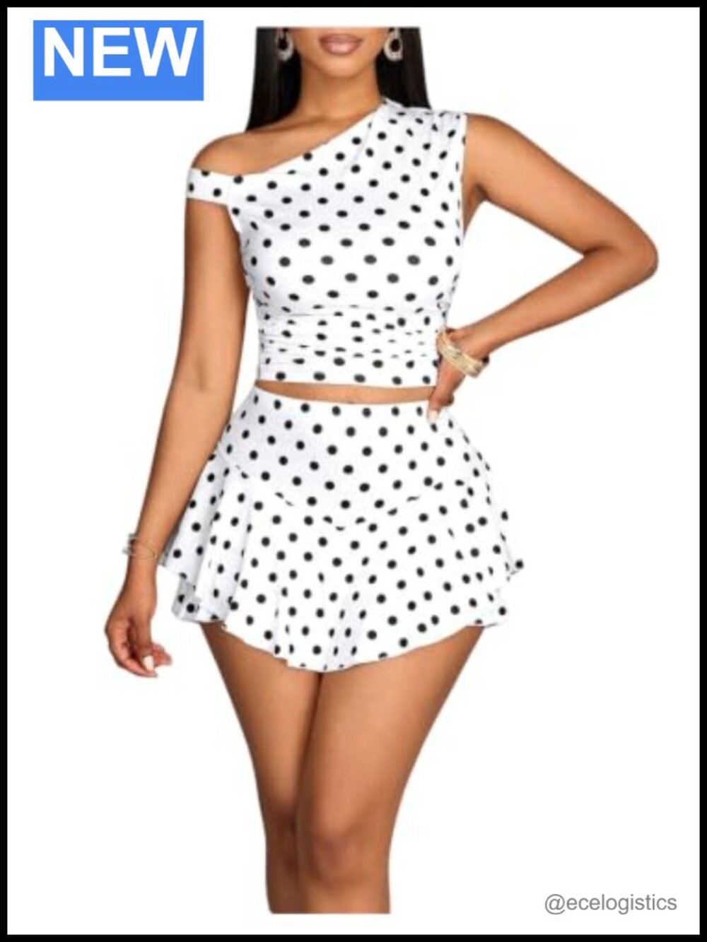 Verdusa Women's 2 Piece Polka Dot Off Shoulder Crop Top & Ruffle Skirt Set